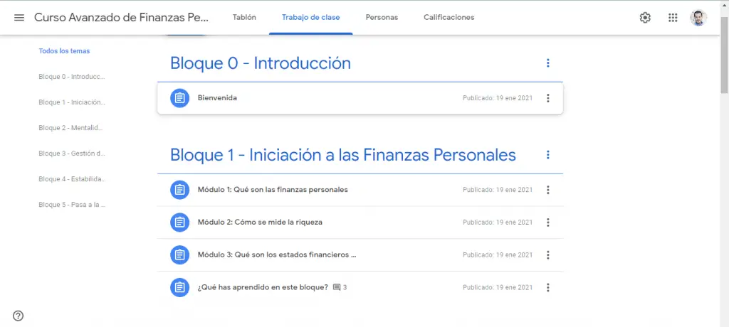 Organización de Google Classroom